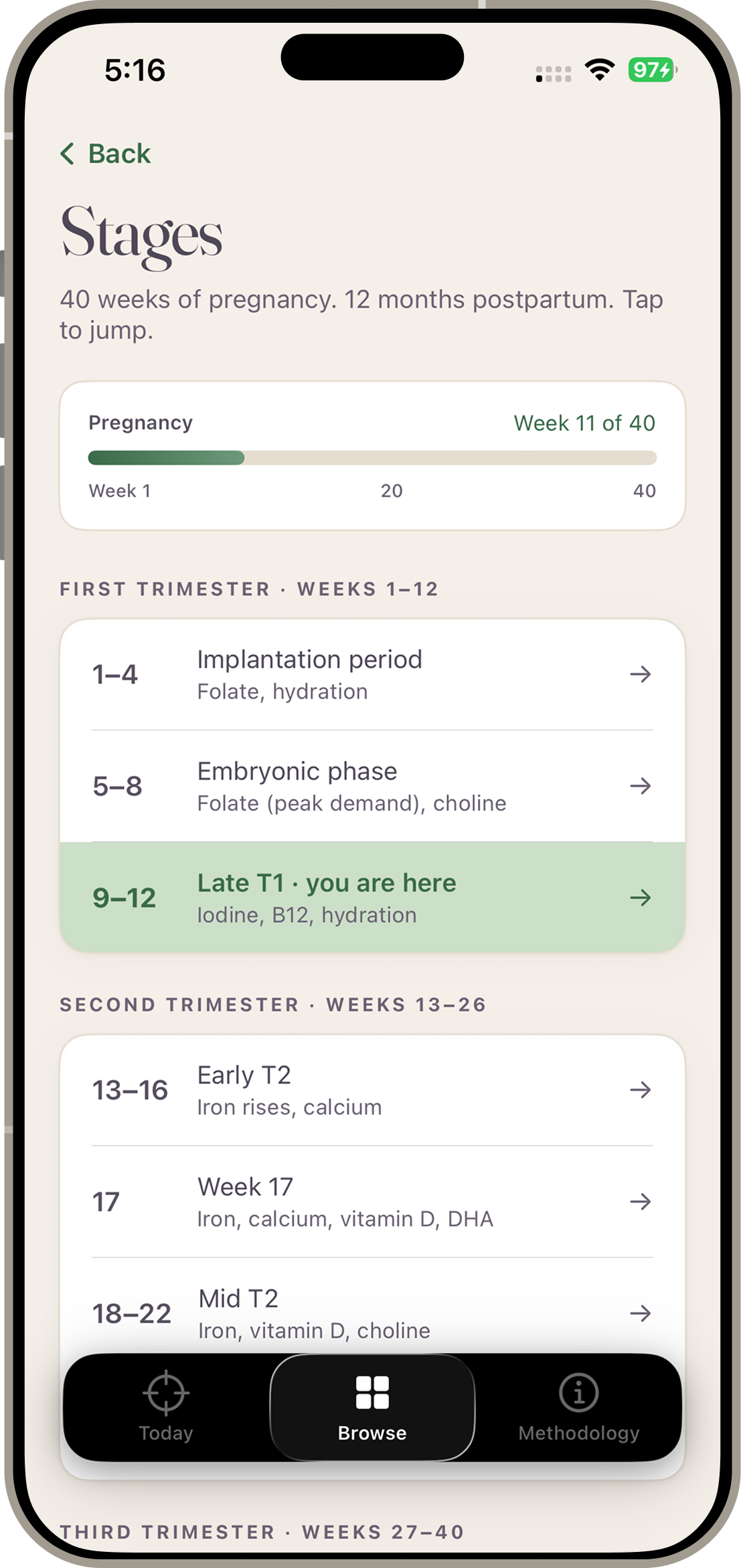 40/12 Stages browser — 40 weeks of pregnancy and 12 months postpartum, jump-to-stage navigator with the user on Late T1 weeks 9–12